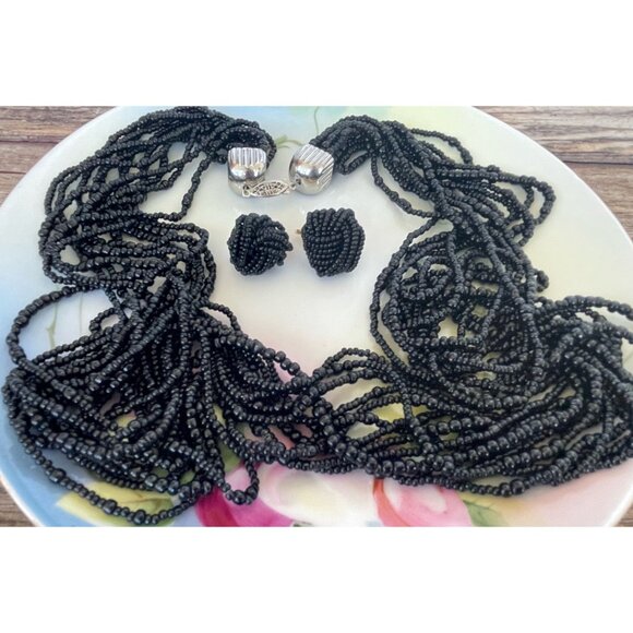 Vintage 1960s Black glass Seed Bead 12 Strand Necklace Cluster Earrings Set - Picture 14 of 14